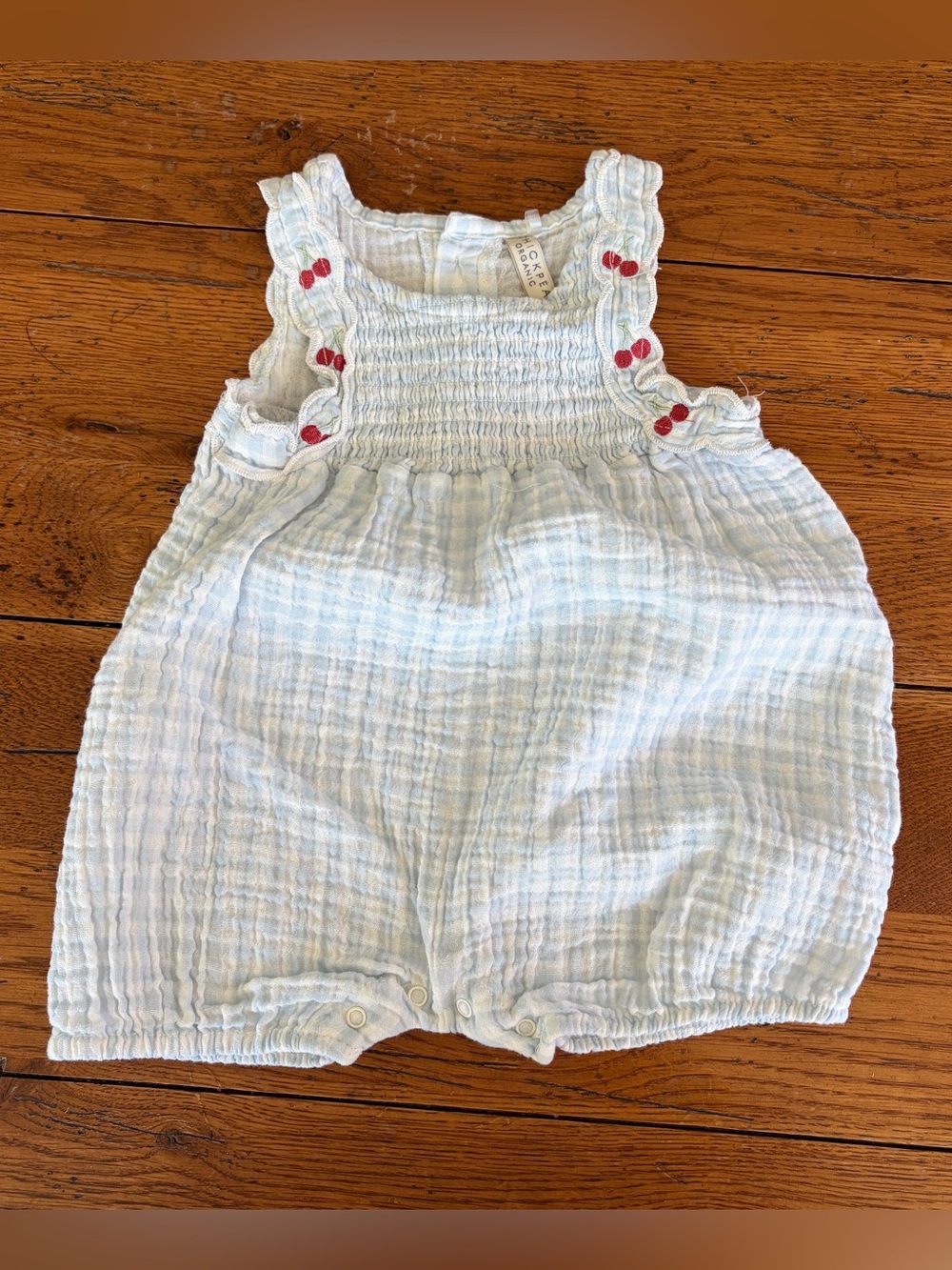 ChickPea Organic Gingham Cherries Romper Baby Girl Size 6-9 Months